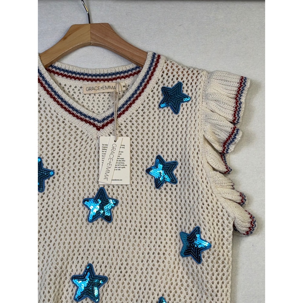 Grace+Emma Women Sequin Star Ruffle Sleeve Open Knit Sweater Vest Cream Medium - Picture 4 of 8